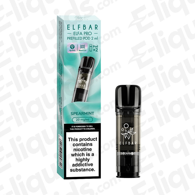 Elf Bar ELFA PRO Spearmint pre-filled vape pod with packaging, offering a refreshing minty vaping experience.