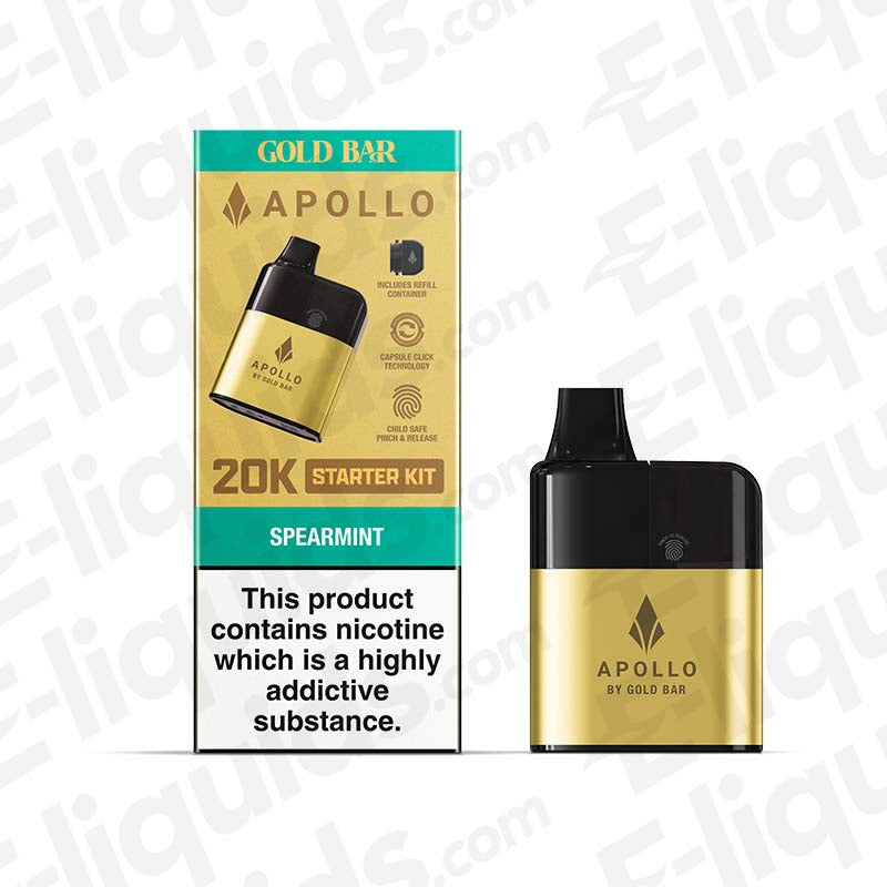 Gold Bar 20K Apollo AIO Vape Pod Kit in Spearmint flavor, featuring compact design and nicotine warning text.