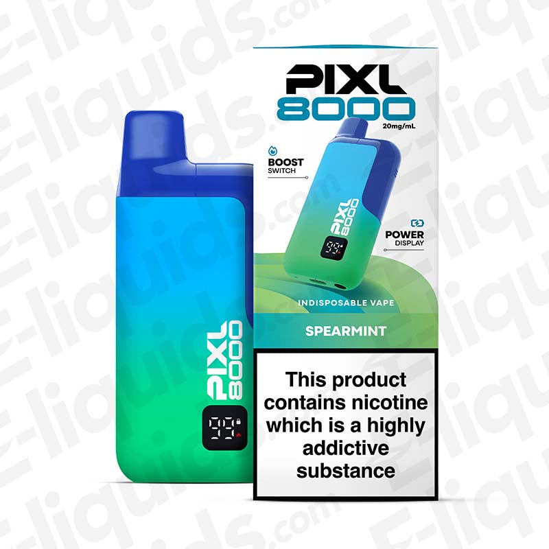 PIXL 8000 Spearmint Big Puff Prefilled Pod Kit, 20mg, featuring sleek design and high-performance vaping with TPD compliance.