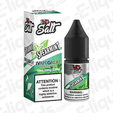 IVG Spearmint Nic Salt E-liquid 10ml bottle and packaging with mint leaves, 50VG/50PG, 10mg, 20mg, designed for pod kits.