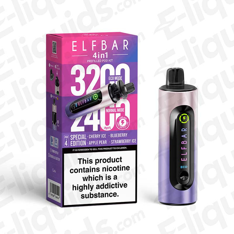 Elf Bar 4-in-1 Refillable Pod Kit with 3200 puffs and assorted flavors including blueberry and cherry.