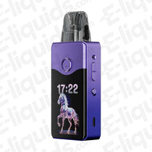VooPoo Vinci E120 Pod Kit in purple with horse design, showcasing customizable dial and sleek design.