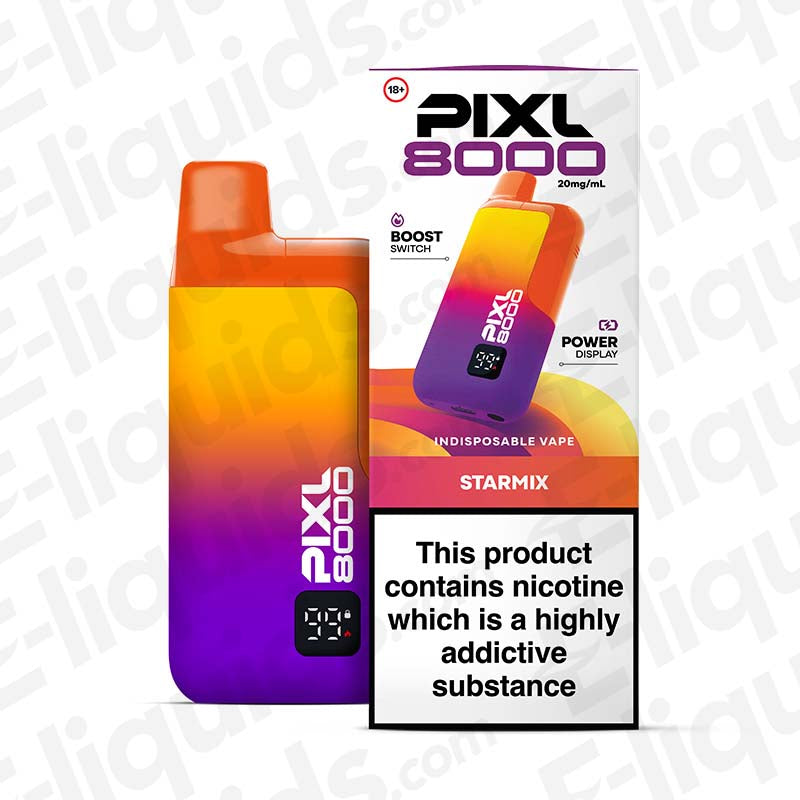 PIXL 8000 Starmix Prefilled Pod Kit, 20mg, 10ml + 2ml capacity, meshed coil, TPD compliant, sleek design, vibrant colors.