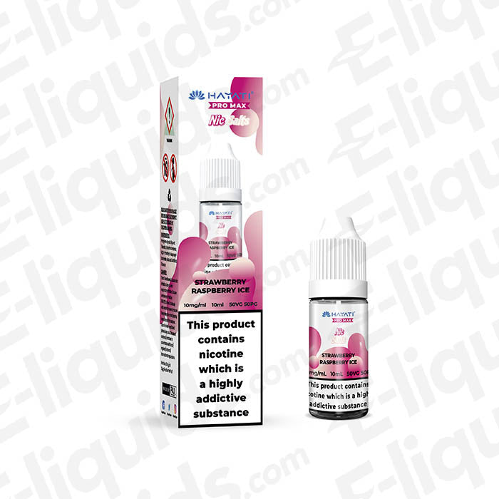 Strawberry Raspberry Ice Nic Salt E-liquid by Hayati Pro Max in bottle with packaging, showcasing 10mg nicotine strength.
