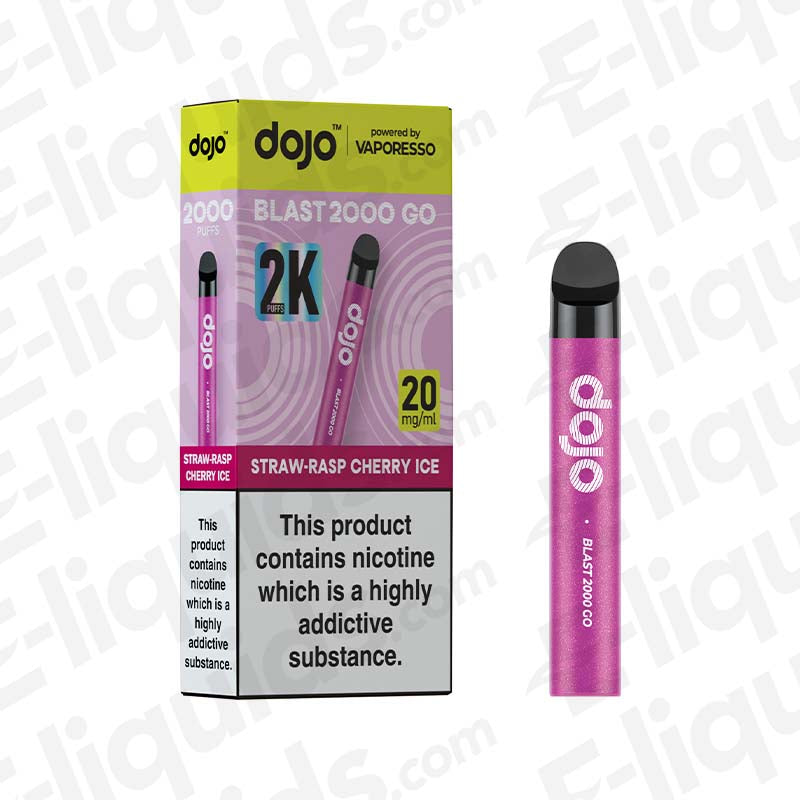 Vaporesso Dojo Blast 2000 Go Pod Kit in Straw-Rasp Cherry Ice flavor with packaging, offering up to 2000 puffs.