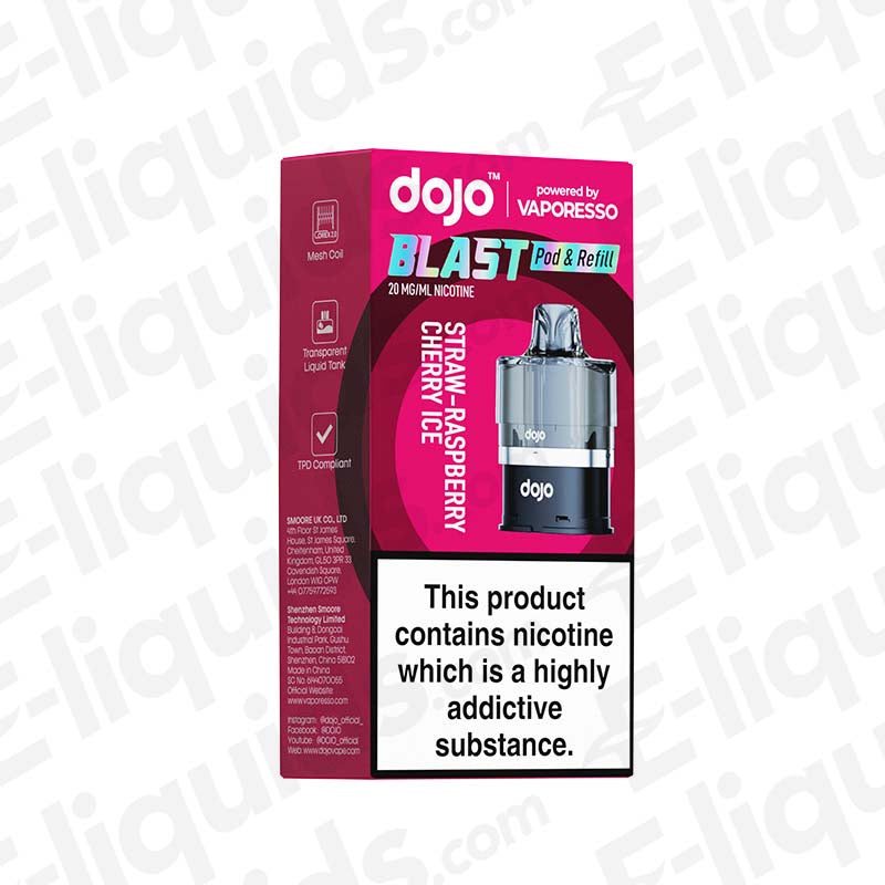 Vaporesso Dojo Blast 6000 Straw-Raspberry Cherry Ice Prefilled Pod box with nicotine warning, 20mg nic salt, Corex 2.0 mesh coil.