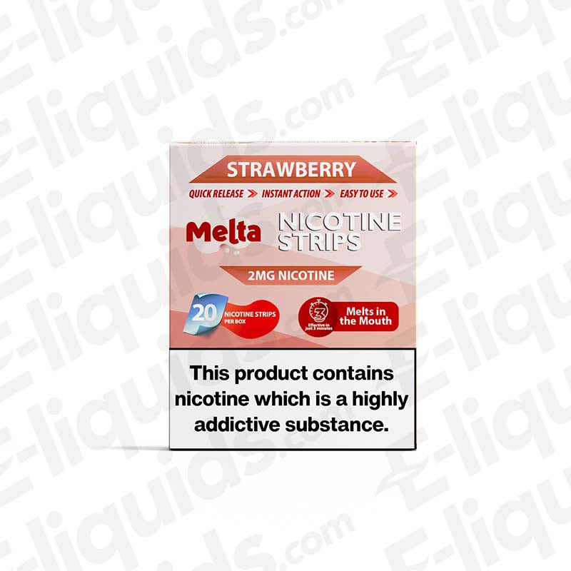 Strawberry MELTA Nicotine Strips box with 20 strips, 2mg nicotine, smoke-free option for indulgent flavor.