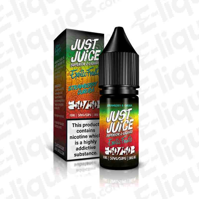 Just Juice Strawberry & Curuba Nic Salt E-liquid bottle and packaging, 10ml, 50VG/50PG, exotic fruit flavors, nicotine strengths 5-20mg.