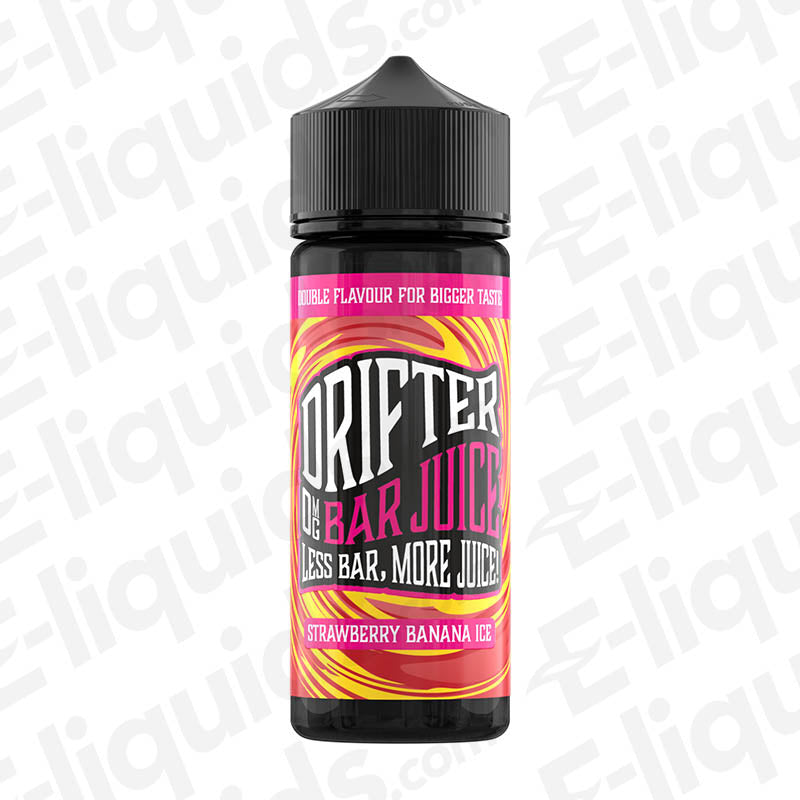 Drifter Bar Juice Strawberry Banana Ice Shortfill E-liquid 100ml bottle, featuring fruity strawberries and bananas with icy finish.
