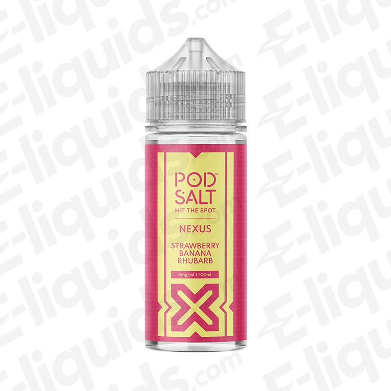 Pod Salt Nexus Strawberry Banana Rhubarb Shortfill E-liquid in a 100ml bottle with pink and gold design.