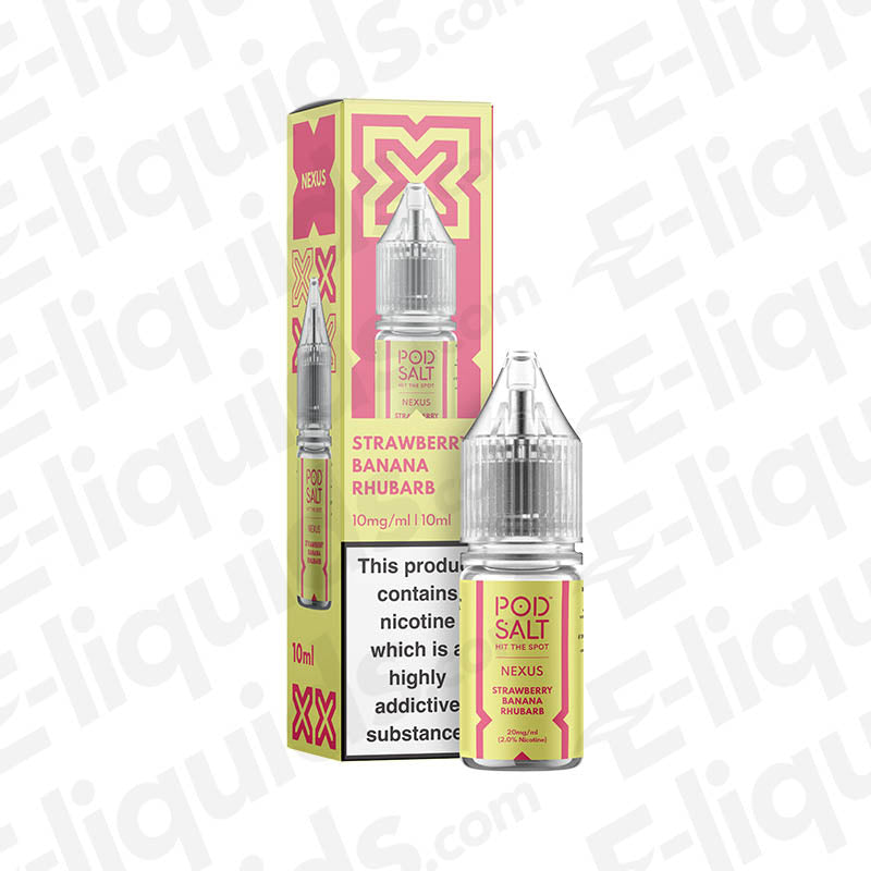 Packaged bottle of Strawberry Banana Rhubarb Nic Salt E-liquid by Pod Salt Nexus, showcasing vibrant fruits and nicotine warning.