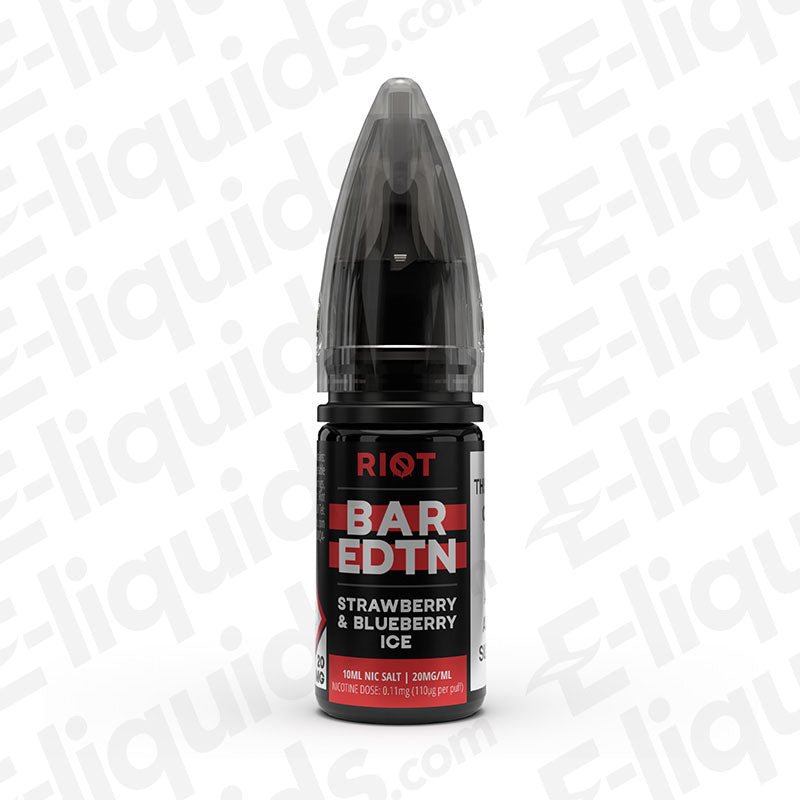 Strawberry Blueberry Ice Bar Edition Nic Salt E-liquid by Riot Squad in a sleek bottle design.