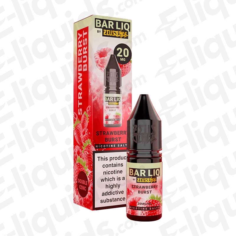 Strawberry Burst Bar Liq Nic Salt E-liquid by Zeus Juice in 20mg, featuring vibrant strawberry packaging.