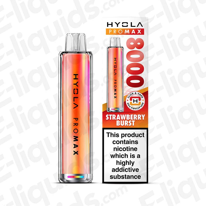 Hyola Pro Max 8000 Strawberry Burst vape pod kit with 20mg strength, 1800mAh battery, offering 8000 puffs, in sleek design.
