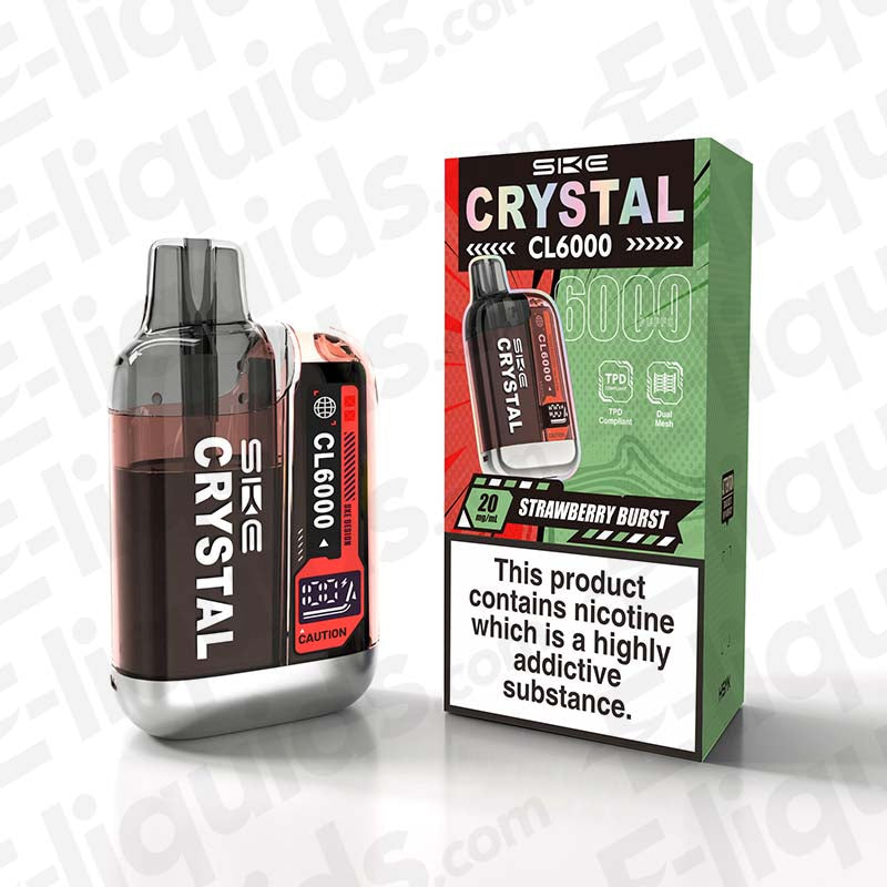 Strawberry Burst SKE Crystal CL6000 Prefilled Vape Pod with packaging, 20mg nicotine, 6000 puffs.