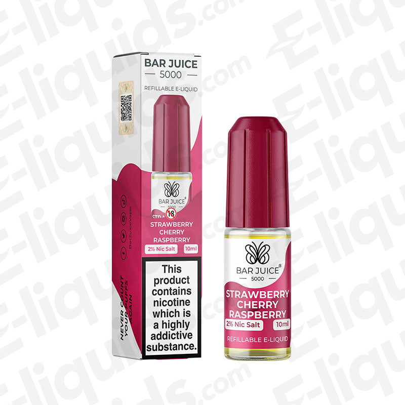 Bar Juice 5000 Strawberry Cherry Raspberry Nic Salt E-liquid in 10ml bottle, featuring sweet and tangy flavor blend.