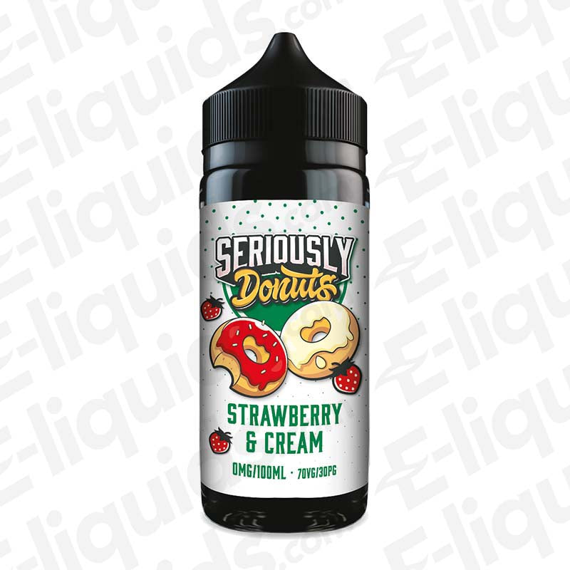 Strawberry & Cream Seriously Donuts E-liquid by Doozy Vape Co - 100ml bottle with 70VG/30PG, donut flavor with strawberries.