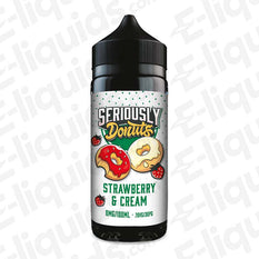 Strawberry & Cream Seriously Donuts E-liquid by Doozy Vape Co - 100ml bottle with 70VG/30PG, donut flavor with strawberries.