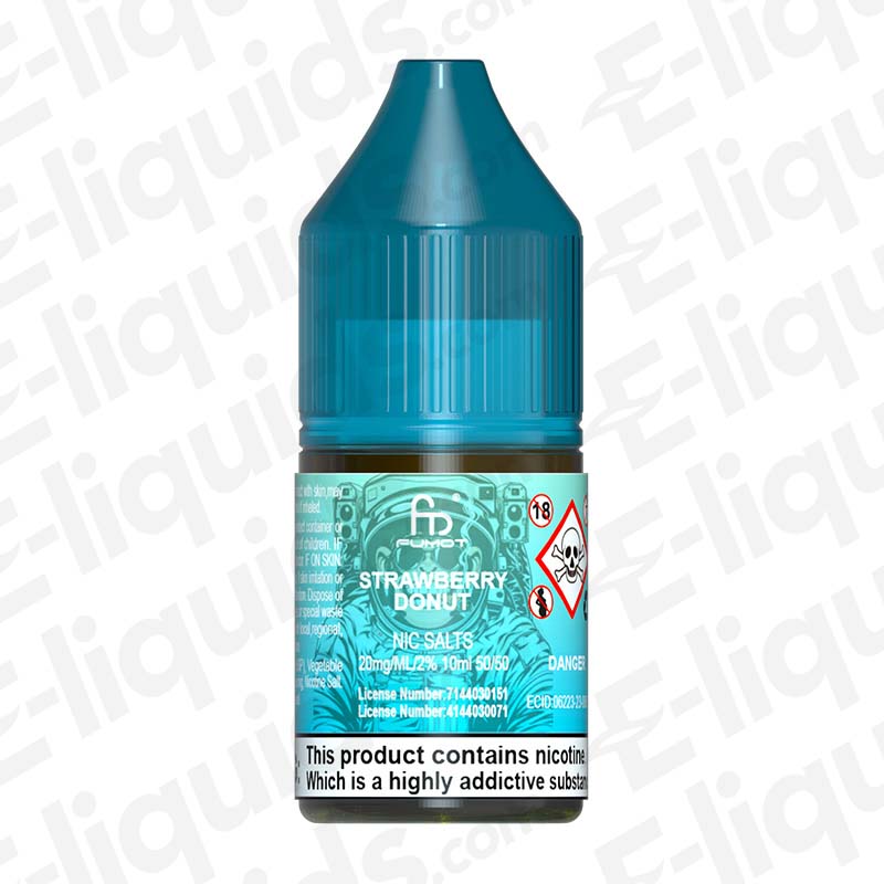 Strawberry Donut RandM 7000 Nic Salt E-liquid by Fumot in a blue bottle with warning labels and dosage information.