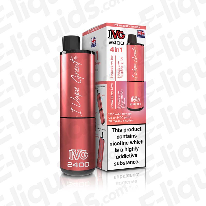 IVG 2400 Rechargeable Pod Kit Strawberry Edition with 4-in-1 design and 20mg nic salt e-liquid, shown with packaging.