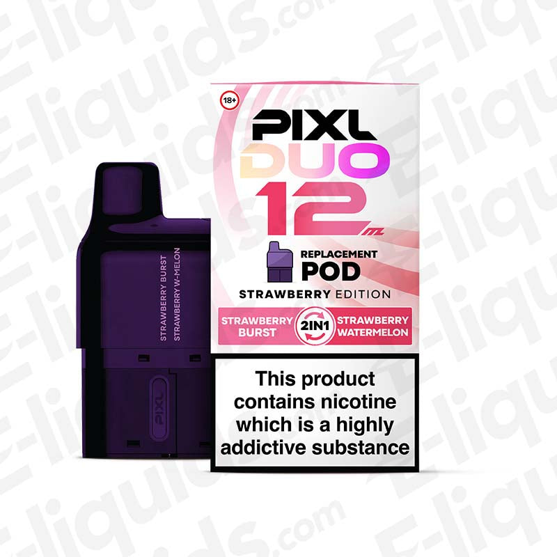 Strawberry Edition PIXL Duo 12 Prefilled Pod showcasing strawberry and watermelon flavors, 10ml e-liquid and 6000 puffs.