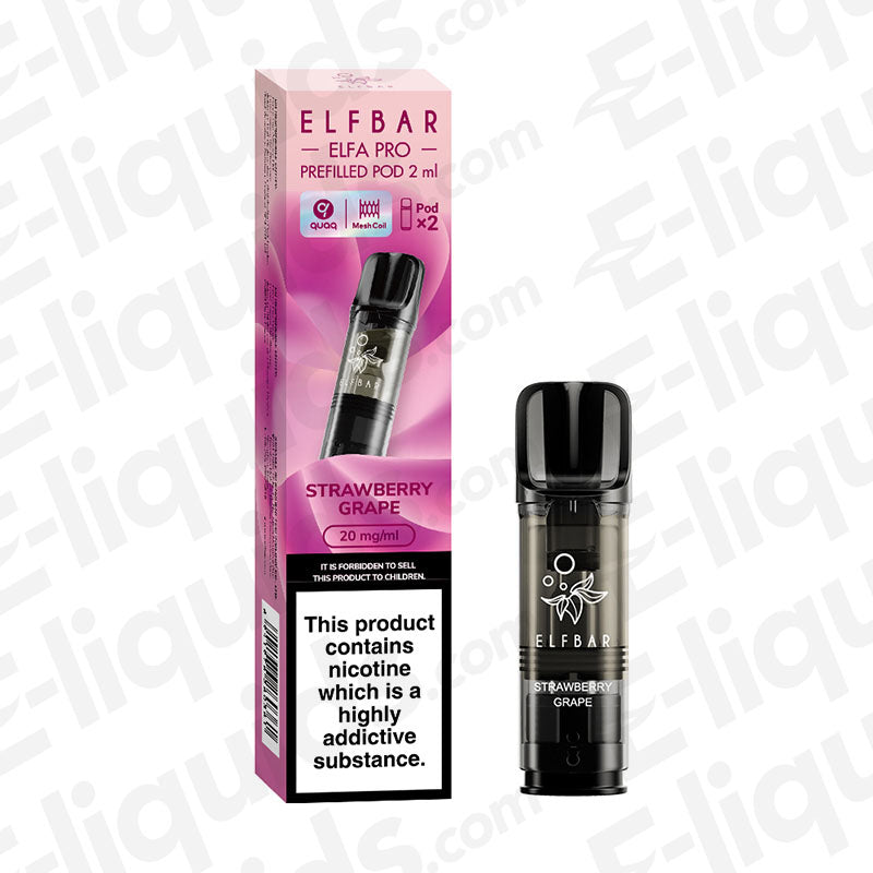 Elf Bar ELFA PRO Strawberry Grape vape pods, pre-filled, innovative vaping convenience, 20mg nicotine strength, dual pack.