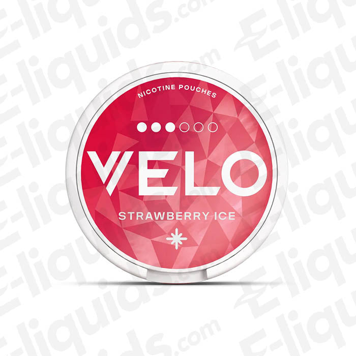 VELO Strawberry Ice nicotine pouches can, featuring a vibrant red design with the product name prominently displayed.