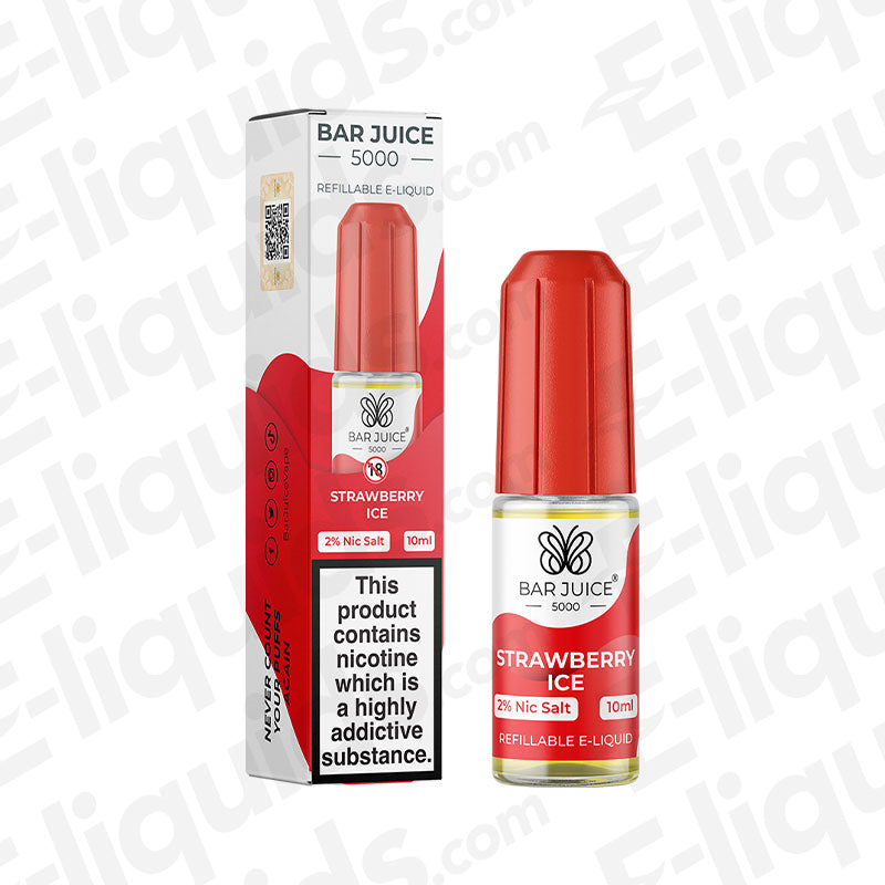 Bar Juice 5000 Strawberry Ice Nic Salt E-liquid bottle with packaging, offering refreshing strawberry flavor in 10ml.