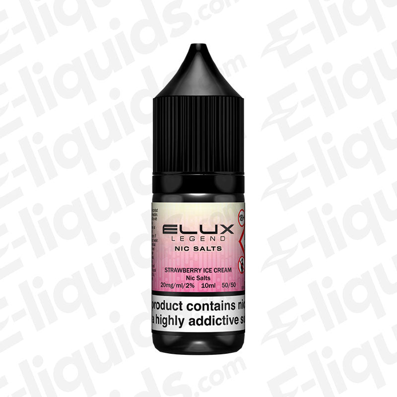 Elux Legend Strawberry Ice Cream Nic Salt E-liquid bottle featuring creamy strawberry flavor for vapes.