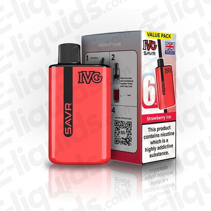 IVG SAVR Legal Big Puff Prefilled Pod Kit in red with Strawberry Ice flavor packaging and nicotine warning.
