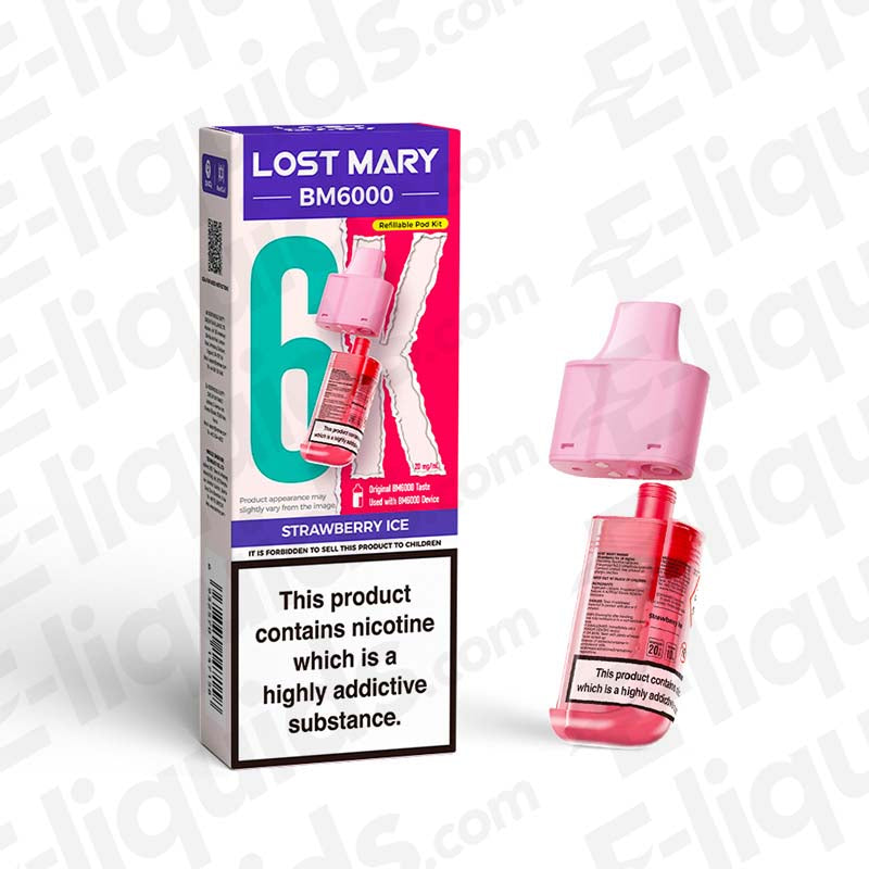 Lost Mary BM6000 Prefilled Pod in Strawberry Ice flavor, showcasing sleek design and packaging for up to 6000 puffs.