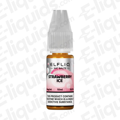 ELFLIQ Strawberry Ice Nic Salt E-liquid bottle with 10ml capacity, featuring sweet strawberry flavor with menthol, available in 10mg or 20mg nicotine.