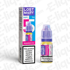 Lost Mary Nic Salt Vape Juice Strawberry Ice 10ml bottle and packaging with nicotine warning label.