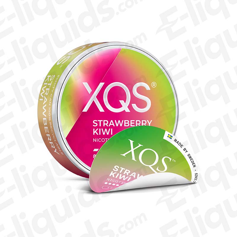 XQS Strawberry Kiwi Nicotine Pouches with a balanced mix of sweet Strawberry and tangy Kiwi in pink and green packaging.