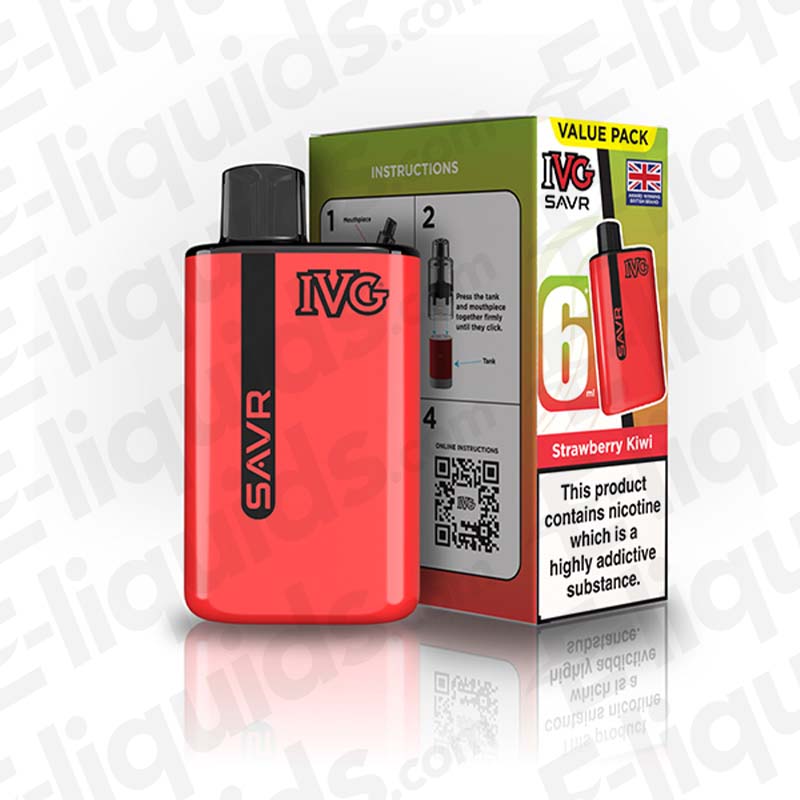 IVG SAVR Legal Big Puff Prefilled Pod Kit in red, showcasing sleek design and included flavor options.