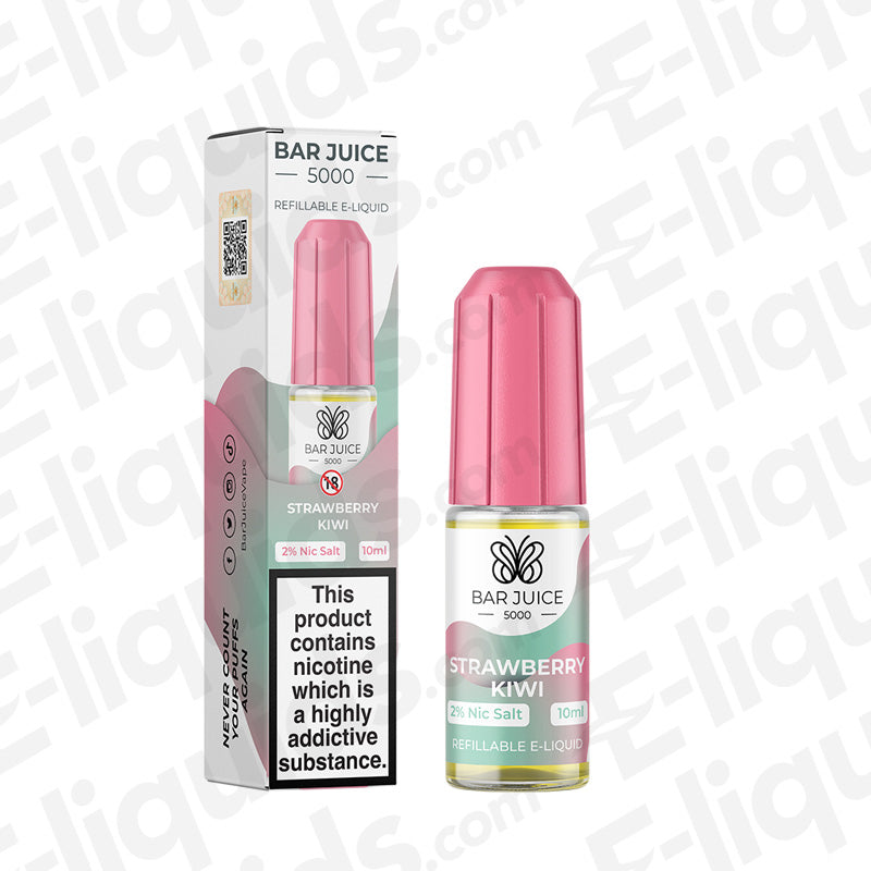 Bar Juice 5000 Strawberry Kiwi Nic Salt 10ml e-liquid, featuring ripe strawberries and tangy kiwi flavors.