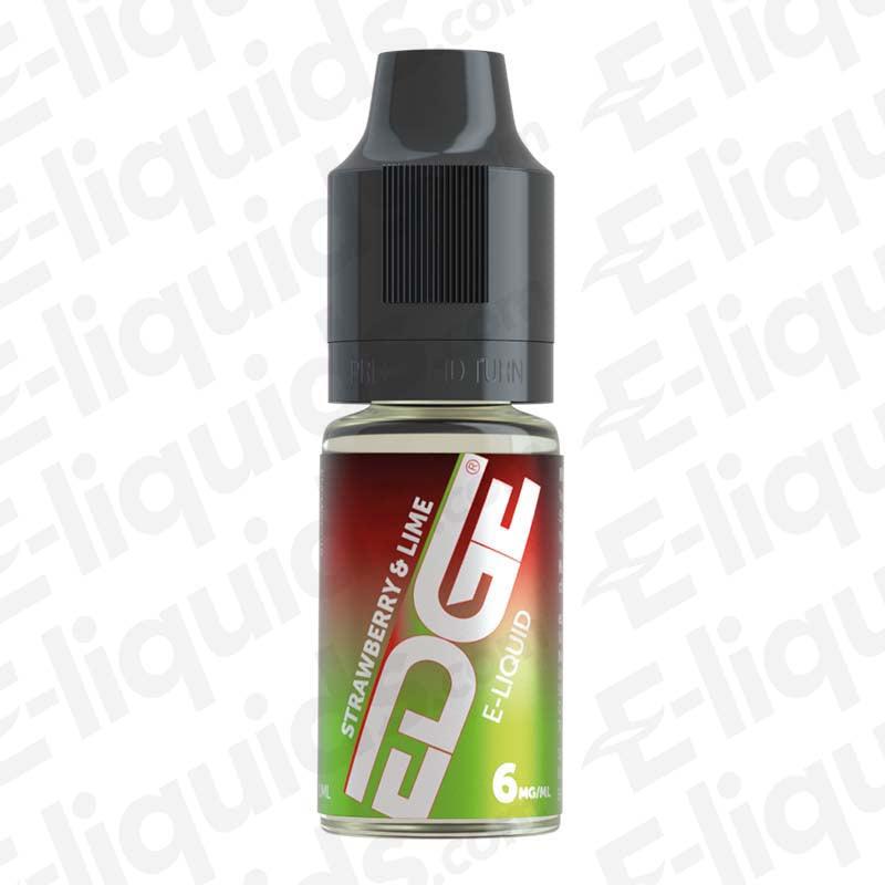 Strawberry & Lime 50/50 E-liquid by Edge, 10ml bottle, perfect for pod kits. Balanced strawberry and lime flavor, available in 3-18mg strengths.
