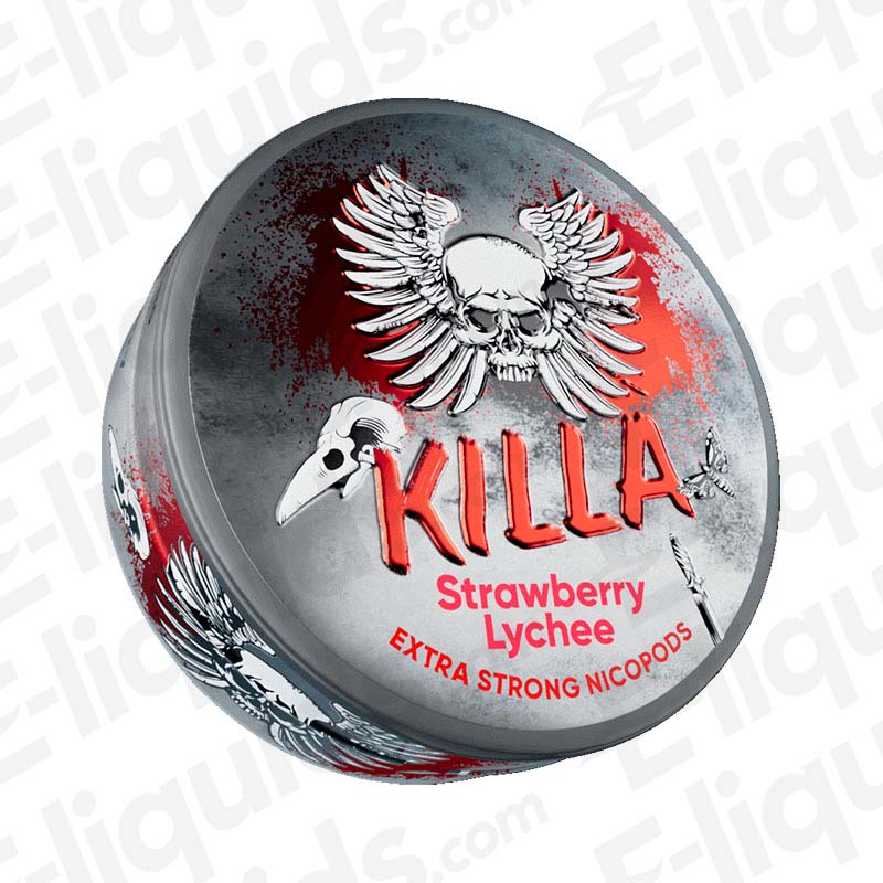 Killa Strawberry Lychee Extra Strong Nicotine Pouches can with vibrant design and bold branding.