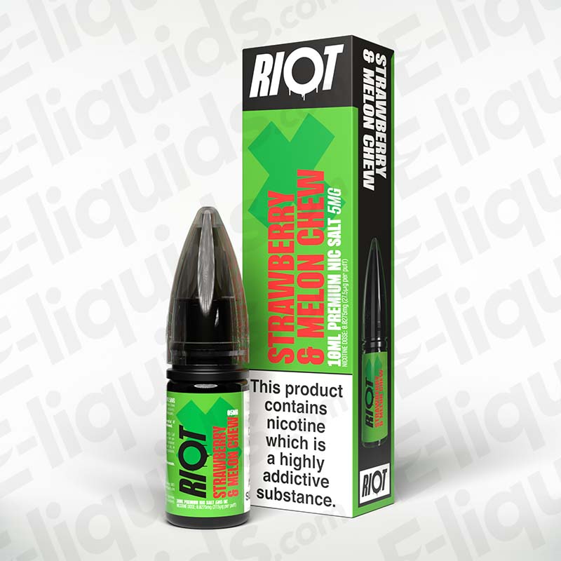 Strawberry Melon Chew Nic Salt E-Liquid by Riot X in a 10ml bottle with green packaging.