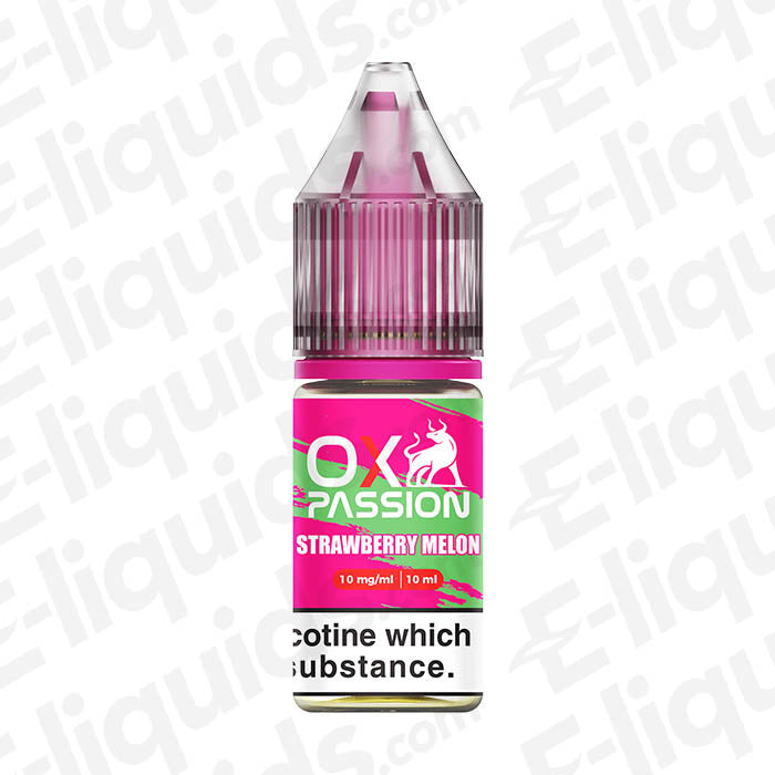 OXVA Strawberry Melon OX Passion Nic Salt E-liquid bottle, featuring a pink and green design, 10mg strength, 10ml size.