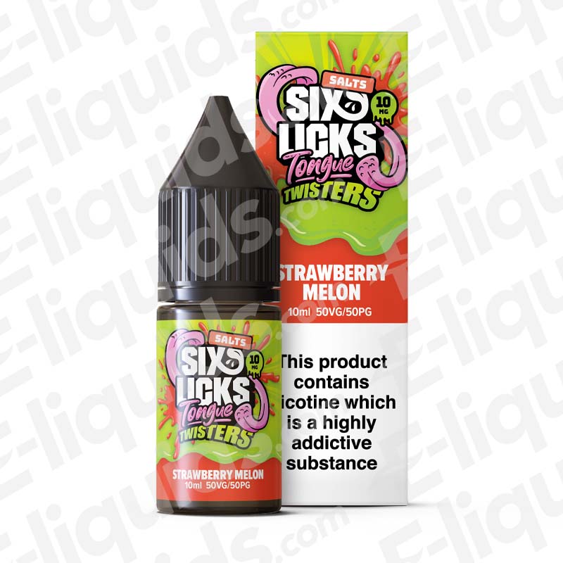 Strawberry Melon Nic Salt E-liquid by Six Licks in a 10ml bottle with fruity packaging.