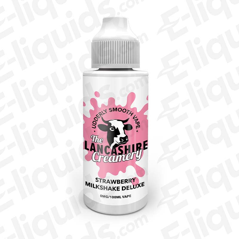 The Lancashire Creamery Strawberry Milkshake Deluxe 100ml Shortfill E-liquid bottle featuring strawberries and vanilla ice cream.