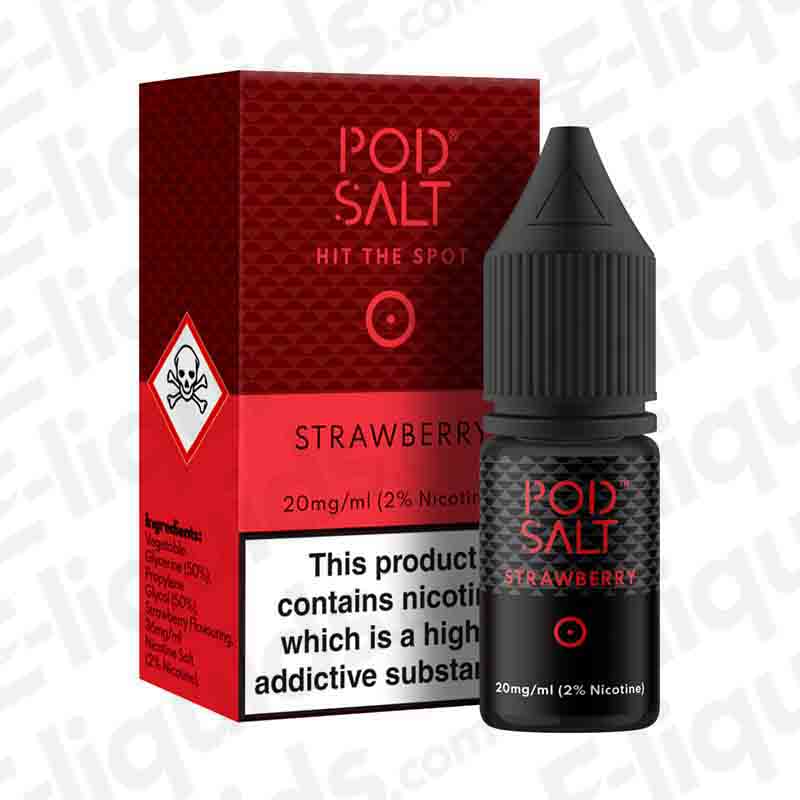 Strawberry Nic Salt E-liquid by Pod Salt in 10ml bottle with fresh strawberry flavor and nicotine options.