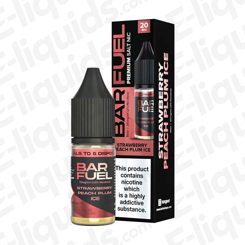 Strawberry Peach Plum Ice Nic Salt E-liquid by Bar Fuel in a 10ml bottle with packaging.