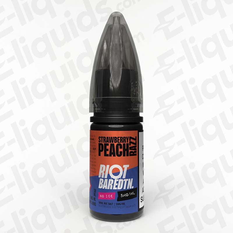Strawberry Peach Razz Bar Edition Nic Salt E-liquid by Riot Squad in 10ml bottle, featuring vibrant fruit flavors.