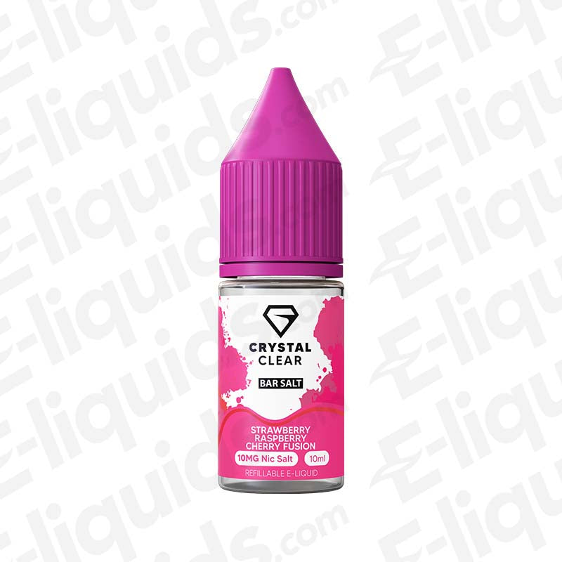 Crystal Clear Bar Salt e-liquid bottle with strawberry, raspberry, cherry flavors.