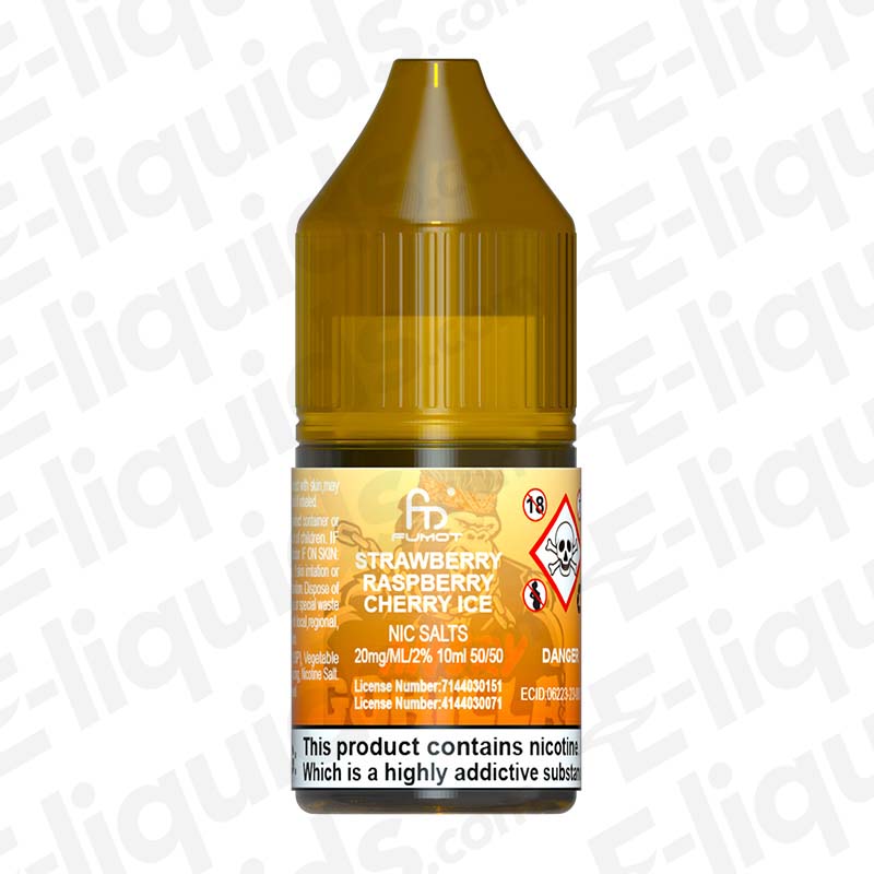 Strawberry Raspberry Cherry Ice RandM 7000 Nic Salt E-liquid by Fumot in a 10ml bottle, featuring a sweet and icy fruit blend.