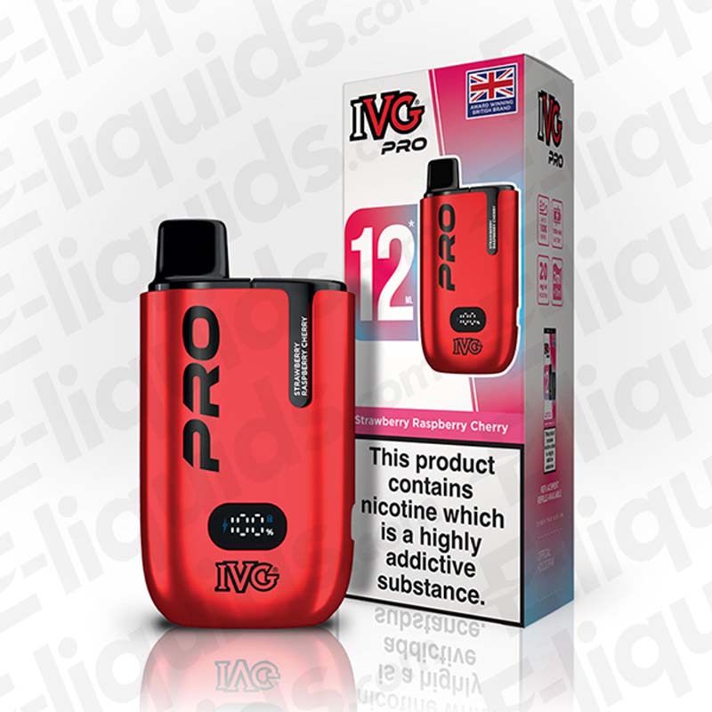 IVG Pro 6000 Big Puff Disposable Vape in red with box packaging, featuring Strawberry Raspberry Cherry flavor.