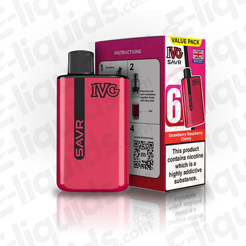 IVG SAVR Prefilled Pod Kit in pink with packaging, featuring Strawberry Raspberry flavor and charging instructions.