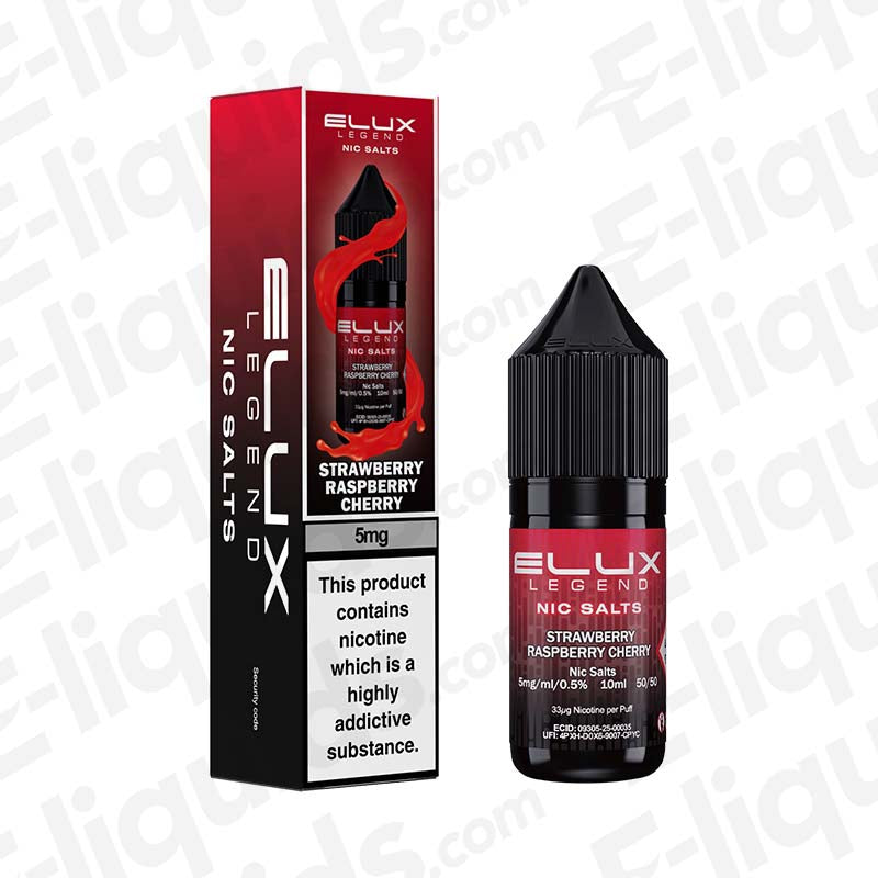 Strawberry Raspberry Cherry Nic Salt E-liquid by Elux Legend 10ml bottle and packaging, ideal for refillable vape kits.